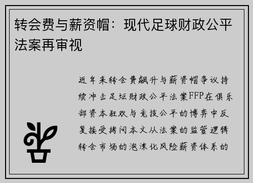 转会费与薪资帽：现代足球财政公平法案再审视
