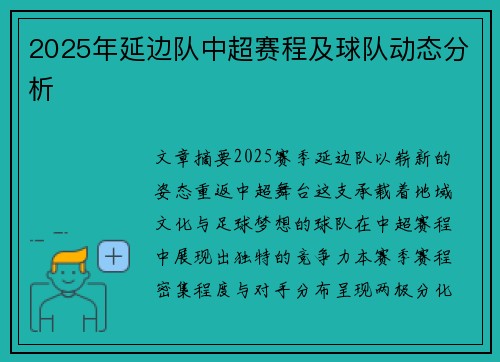 2025年延边队中超赛程及球队动态分析